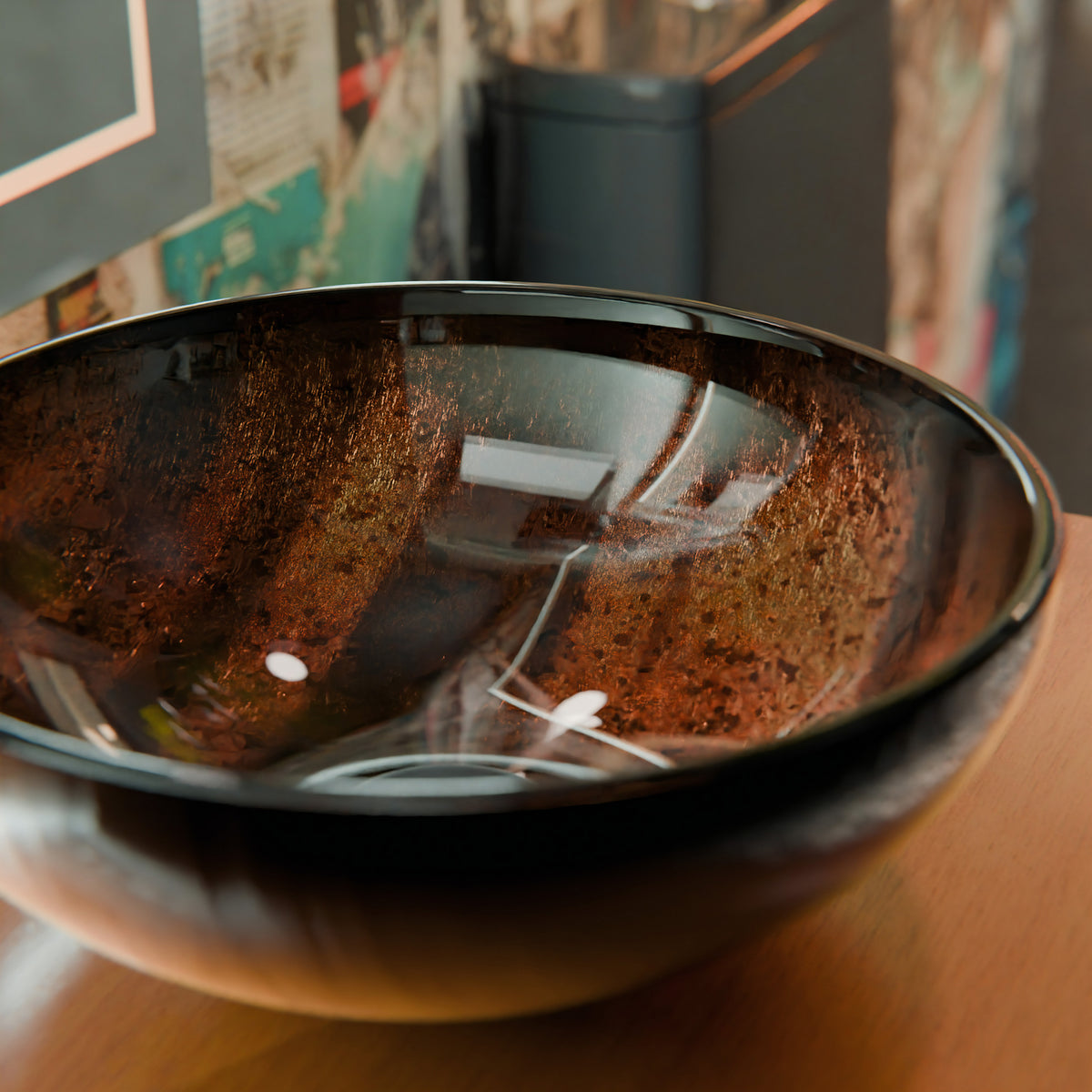 Mini 12-inch hand-painted brown camouflage glass vessel sink by Novatto, modern bathroom fixture with artistic design.