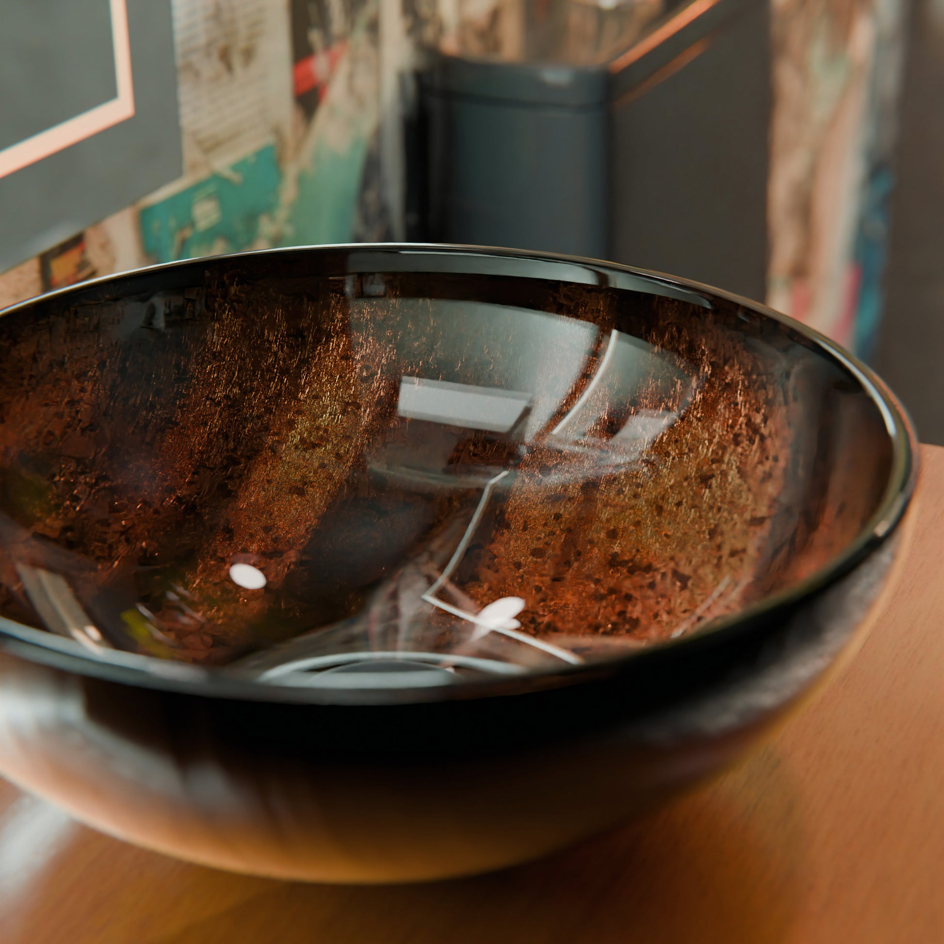 Mini 12-inch hand-painted brown camouflage glass vessel sink by Novatto, modern bathroom fixture with artistic design.