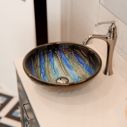 Blue and Silver Painted Glass Bathroom Vessel Sink, NOHP-G051