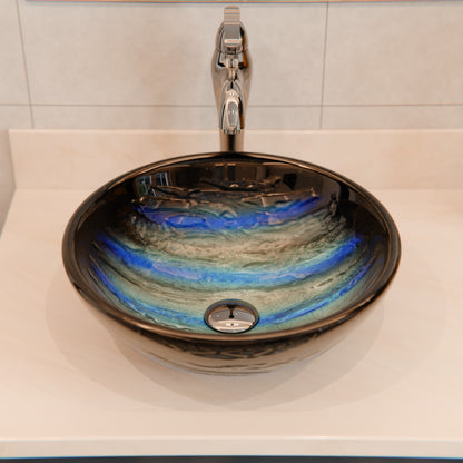 Blue and Silver Painted Glass Bathroom Vessel Sink, NOHP-G051