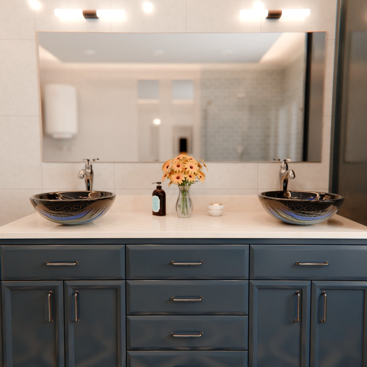 Blue and Silver Painted Glass Bathroom Vessel Sink, NOHP-G051