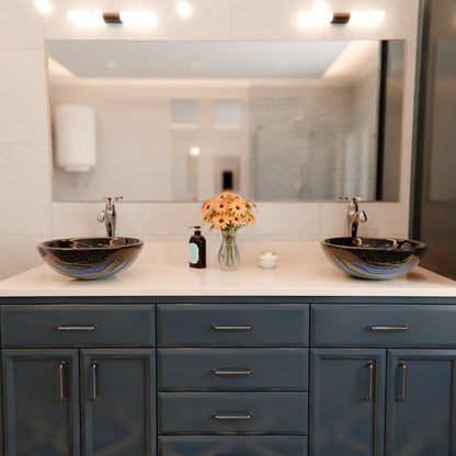 Blue and Silver Painted Glass Bathroom Vessel Sink, NOHP-G051