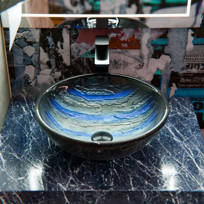 Blue and Silver Painted Glass Bathroom Vessel Sink, NOHP-G051