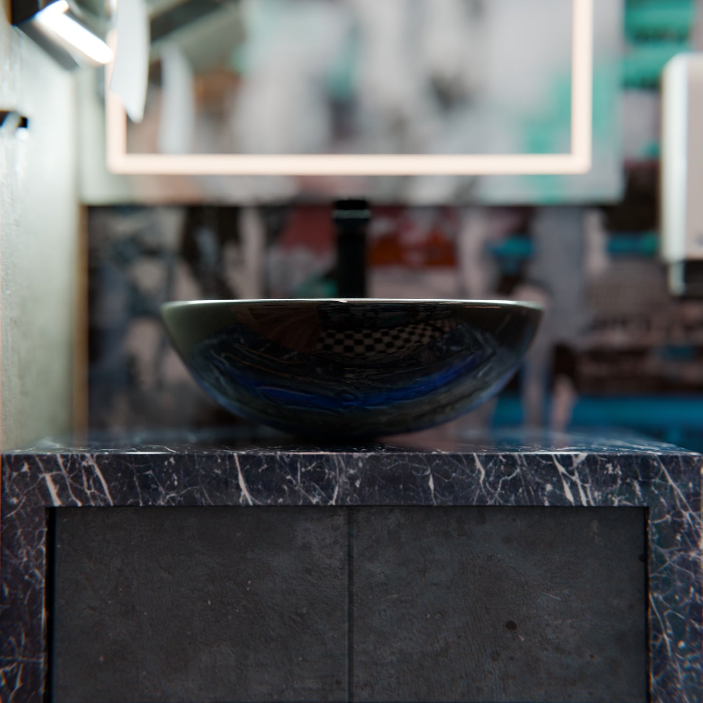 Blue and Silver Painted Glass Bathroom Vessel Sink, NOHP-G051