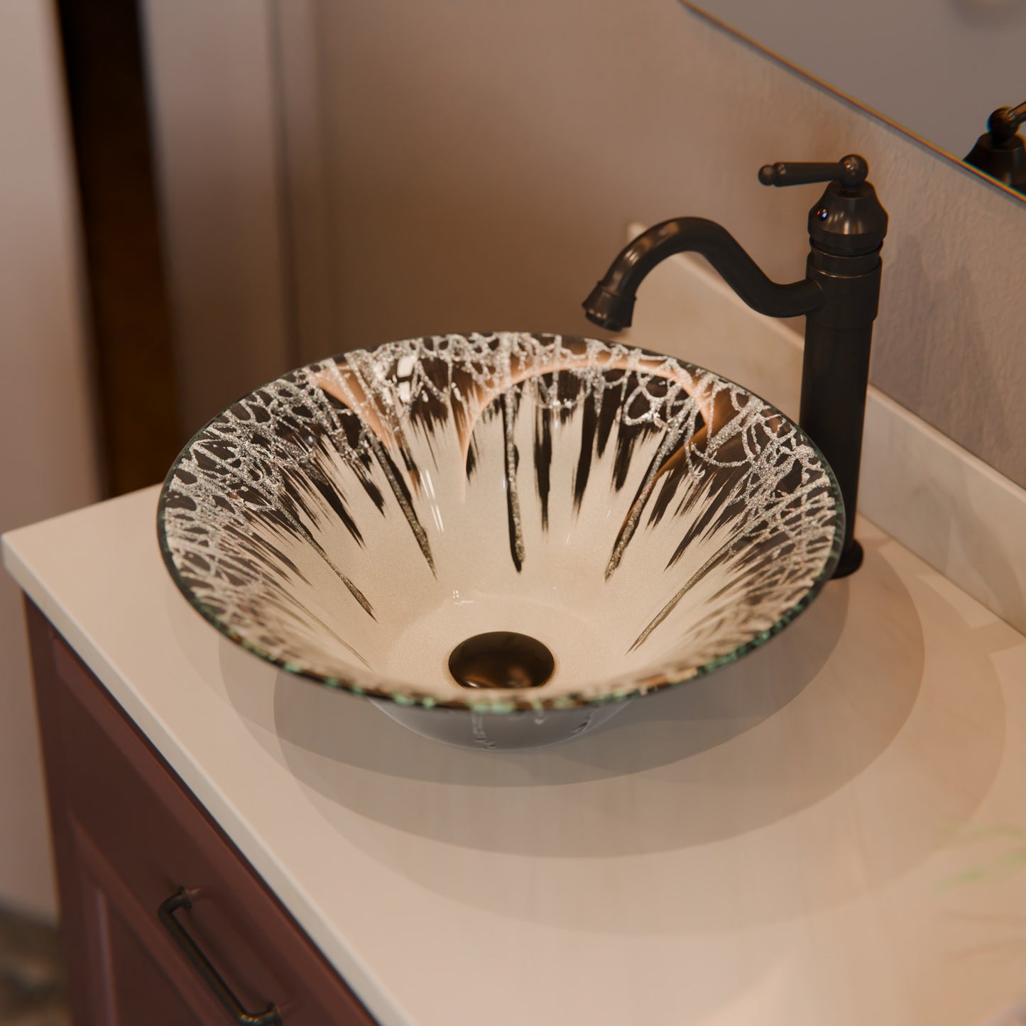 Modern Novatto Artsy round tempered glass vessel bathroom sink with dark finish, featuring a sleek, artistic design.