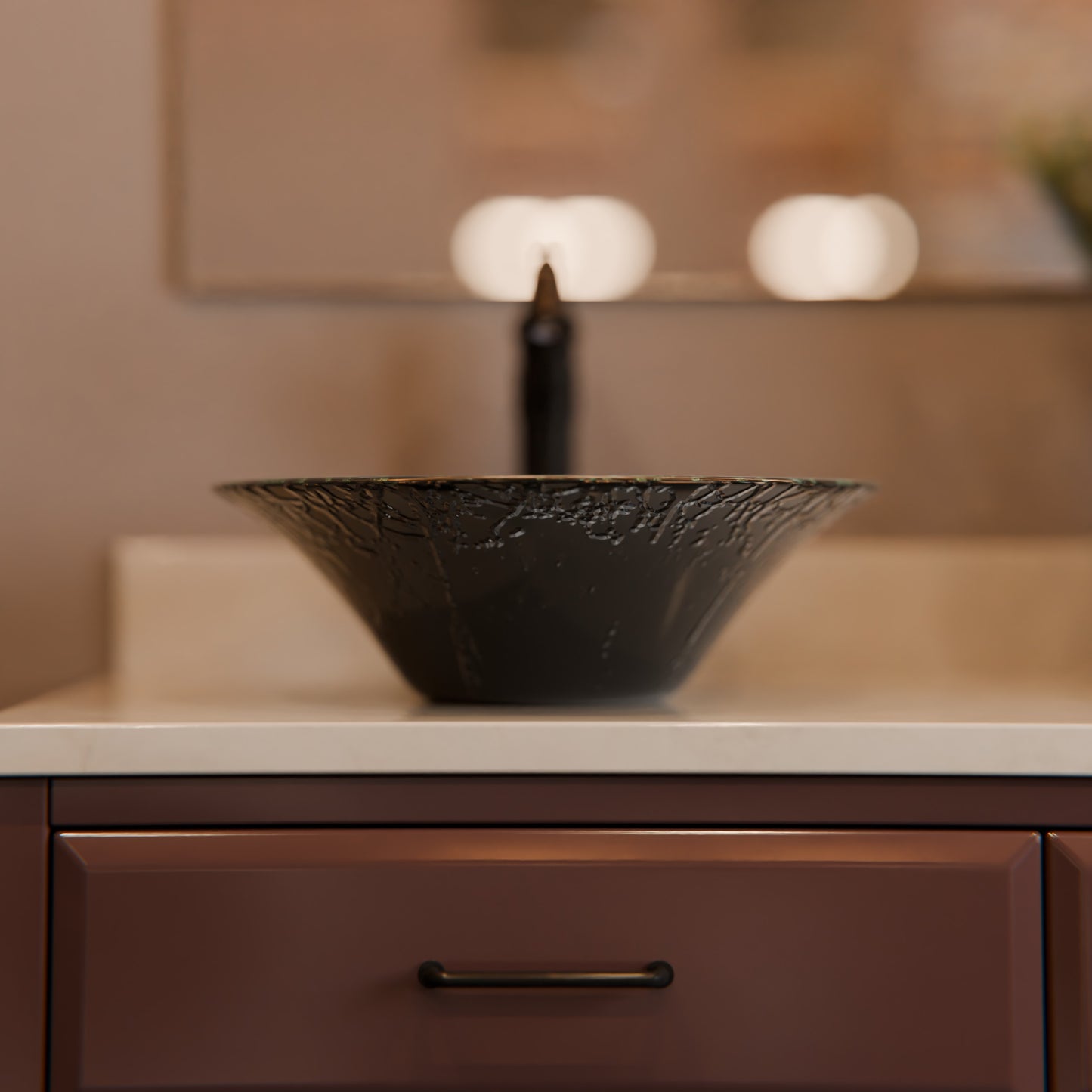 Modern round tempered glass vessel bath sink by Novatto, dark-colored, with smooth curved shape suitable for contemporary bathrooms.