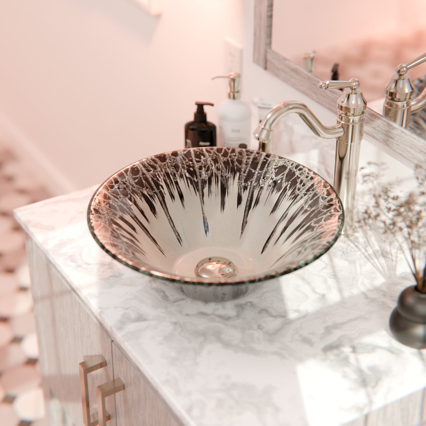 Modern Novatto Artsy round tempered glass vessel sink with sleek design, suitable for contemporary bathroom decor.