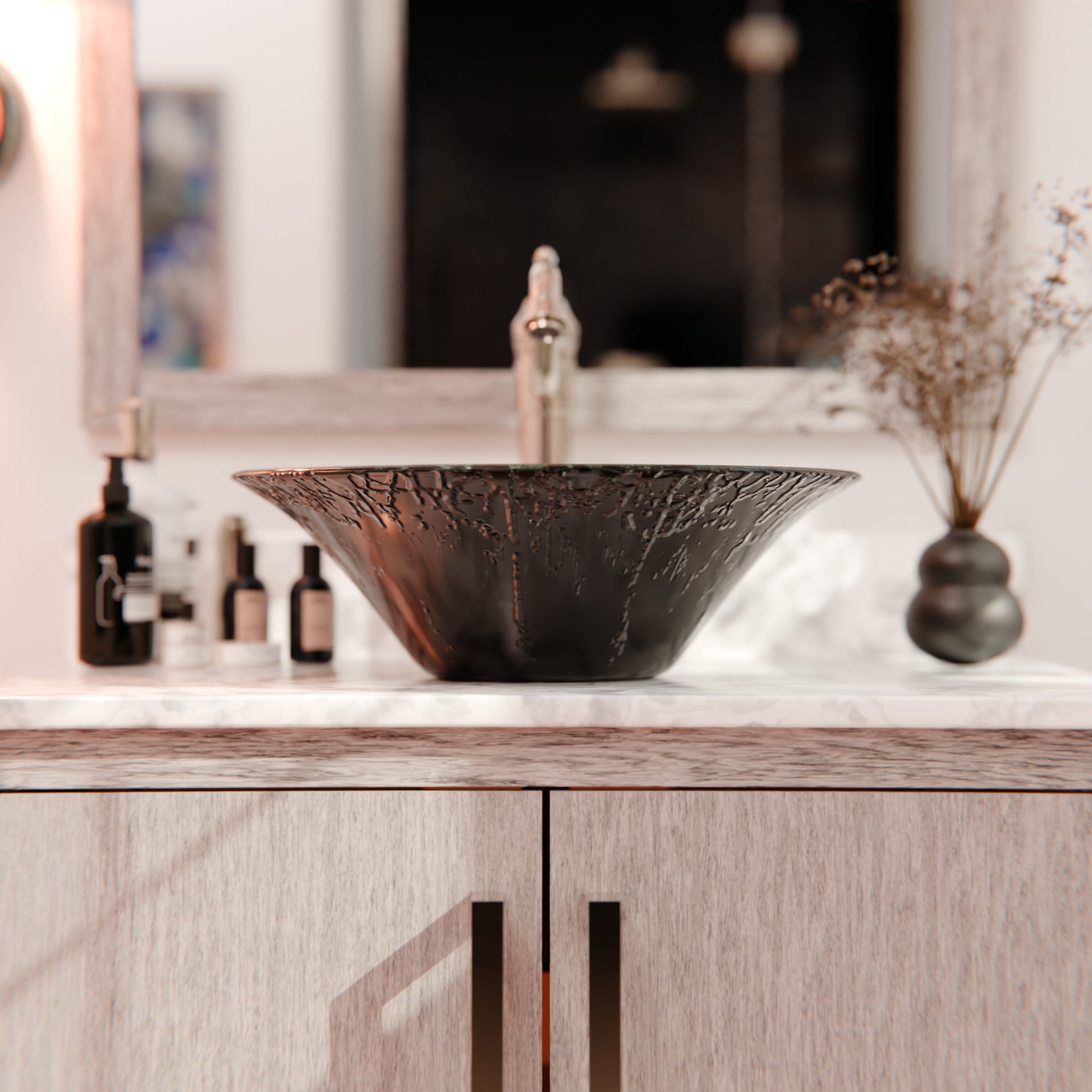 Modern round tempered glass vessel bathroom sink by Novatto, with a sleek, light-colored glass surface and smooth curved edges.