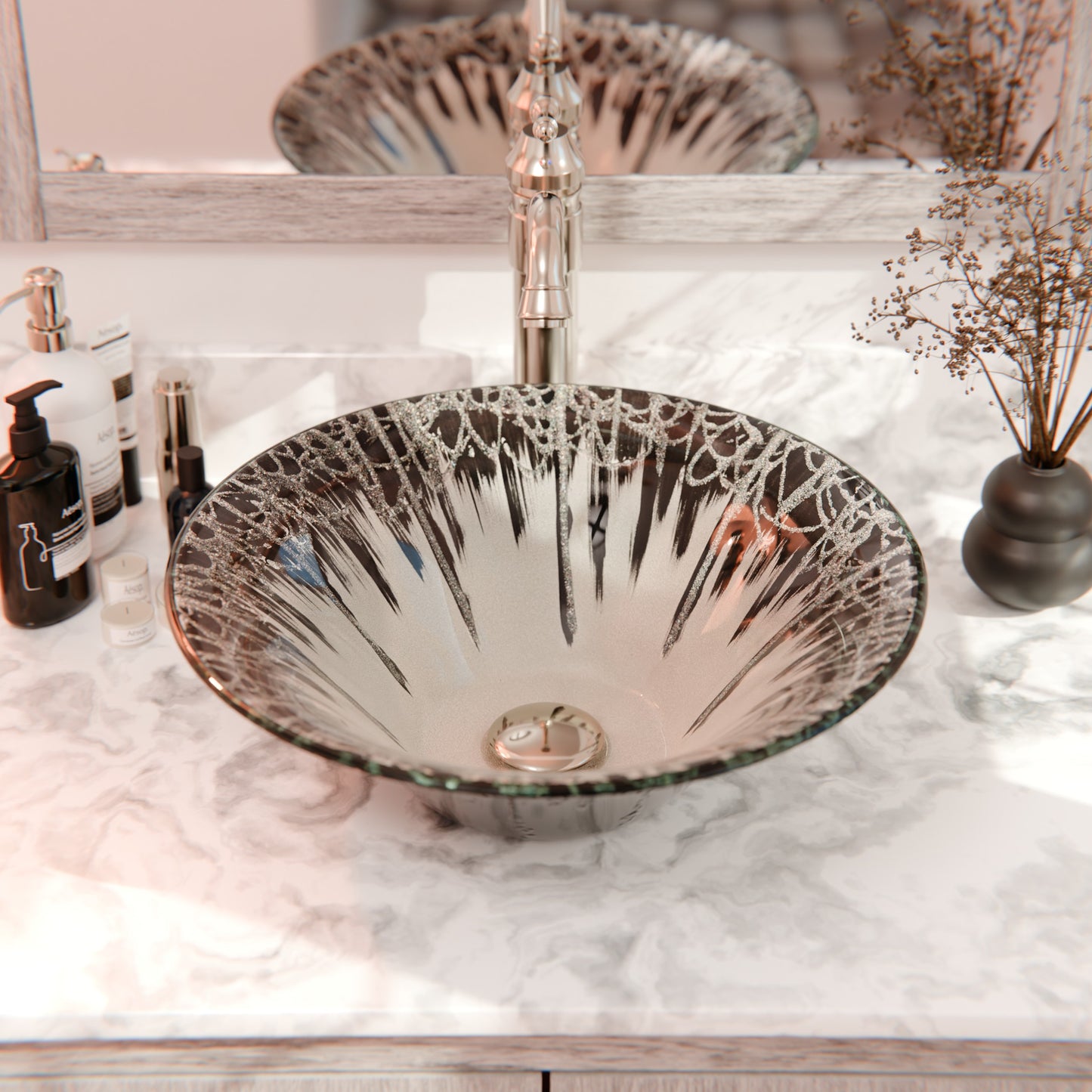 Modern Novatto Artsy round tempered glass vessel bathroom sink with sleek design, shown in a light finish on a clean bathroom countertop.