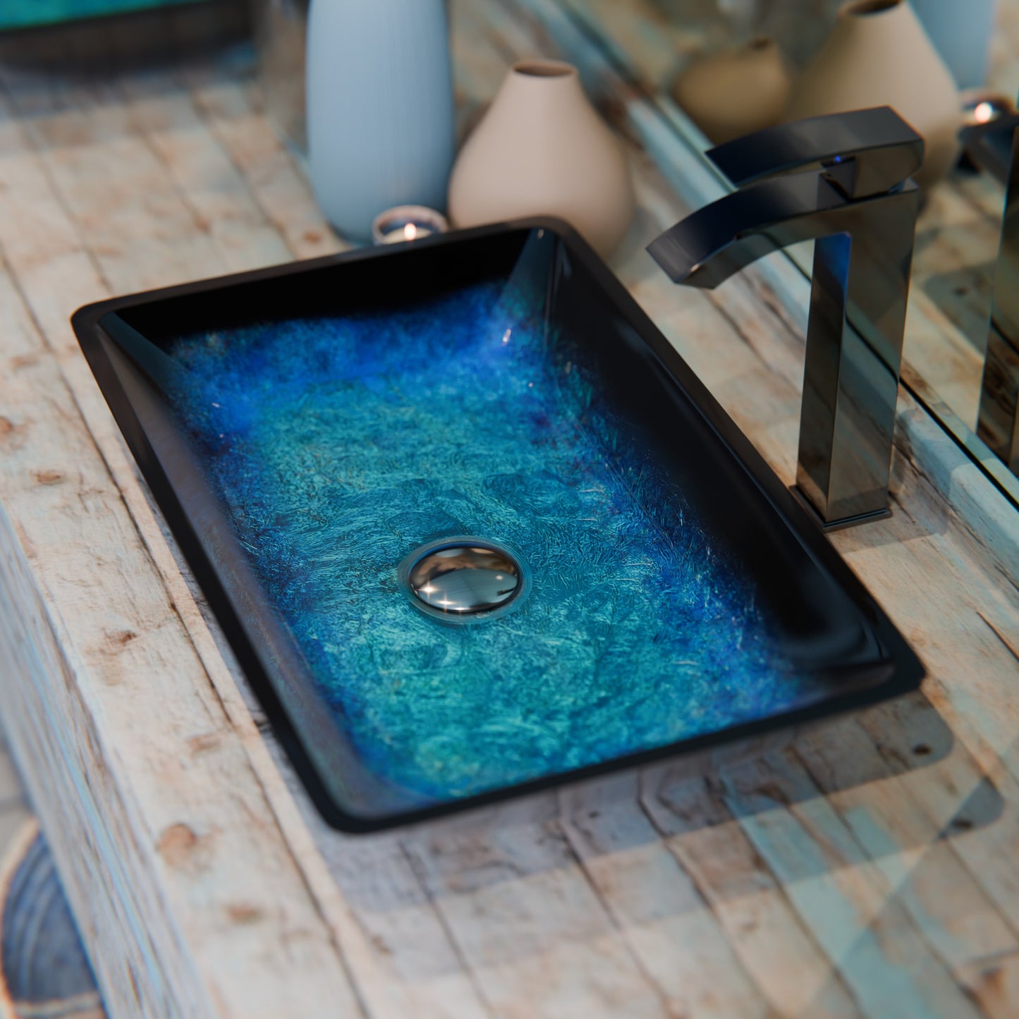 Blue and Black Rectangle Glass Vessel Bath Sink NOHP-G19034