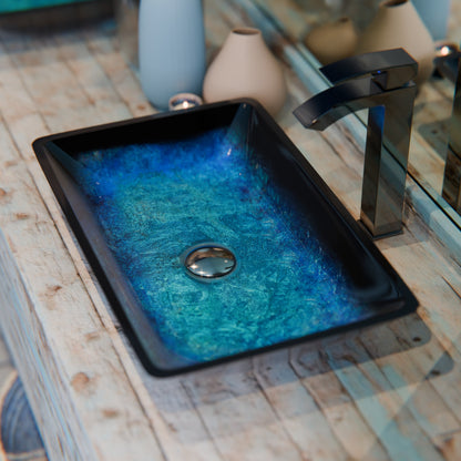 Blue and Black Rectangle Glass Vessel Bath Sink NOHP-G19034