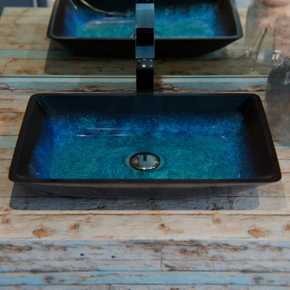 Blue and Black Rectangle Glass Vessel Bath Sink NOHP-G19034