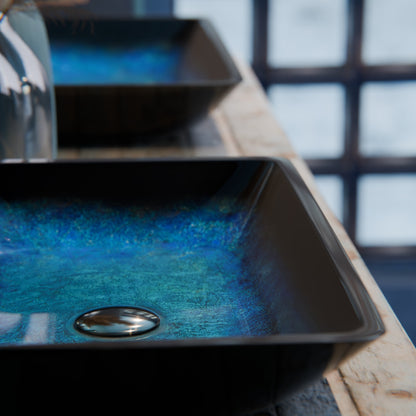 Blue and Black Rectangle Glass Vessel Bath Sink NOHP-G19034