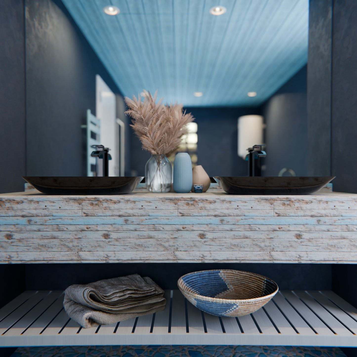 Blue and Black Rectangle Glass Vessel Bath Sink NOHP-G19034