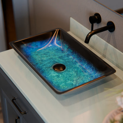 Blue and Black Rectangle Glass Vessel Bath Sink NOHP-G19034