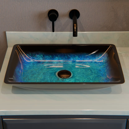 Blue and Black Rectangle Glass Vessel Bath Sink NOHP-G19034