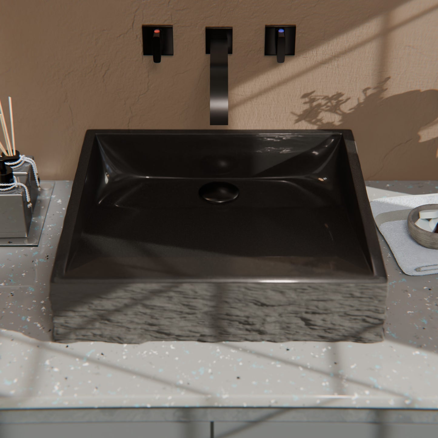 Natural Black Granite Square Vessel Sink with Chiseled Exterior NOSV-ANSQ