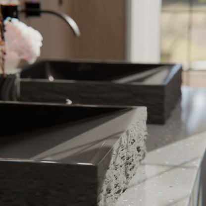 Natural Black Granite Square Vessel Sink with Chiseled Exterior NOSV-ANSQ