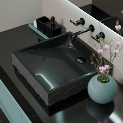 Natural Black Granite Square Vessel Sink with Chiseled Exterior NOSV-ANSQ