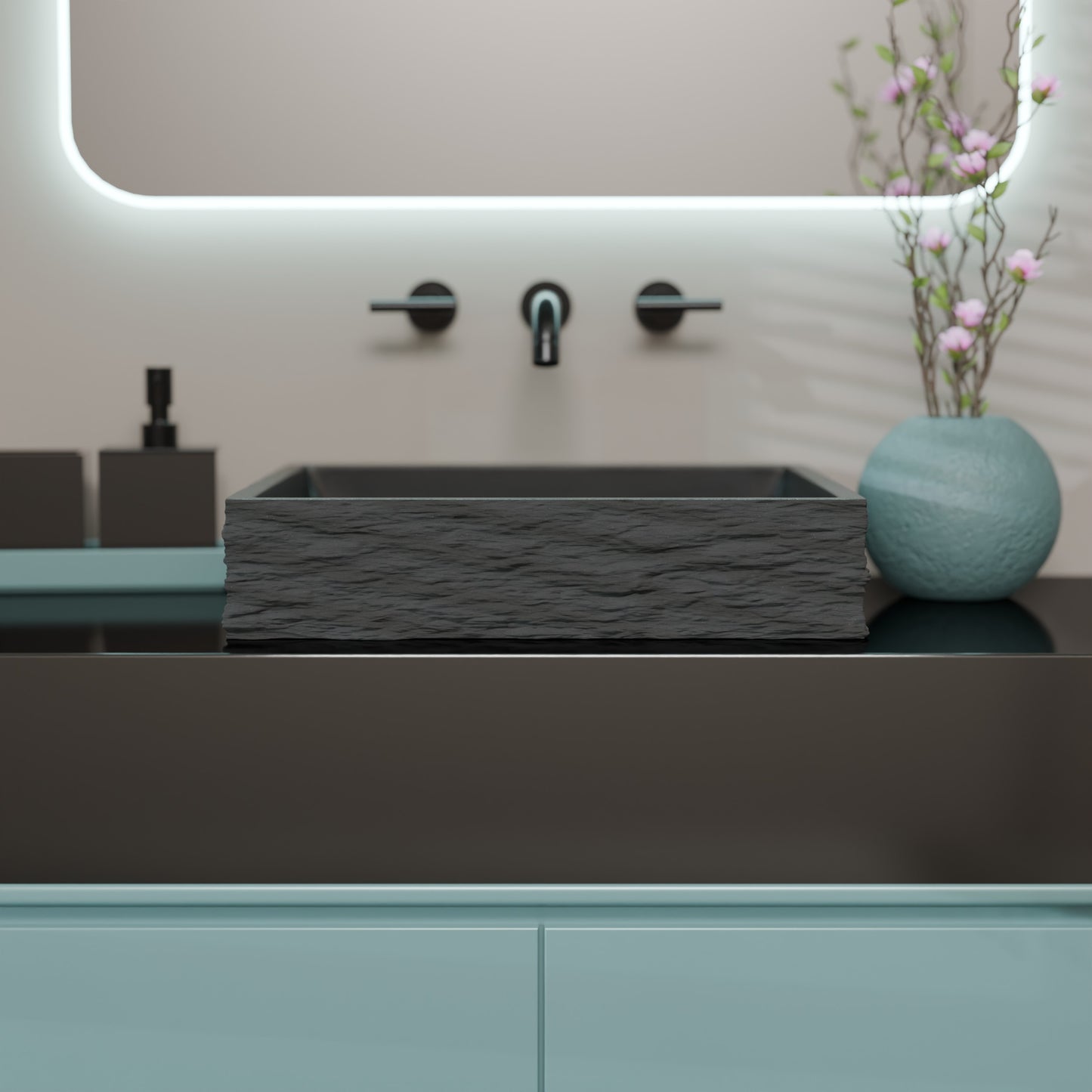 Natural Black Granite Square Vessel Sink with Chiseled Exterior NOSV-ANSQ