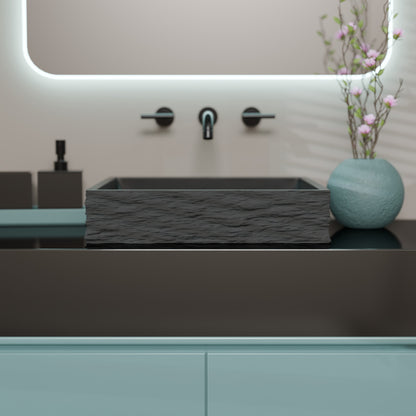 Natural Black Granite Square Vessel Sink with Chiseled Exterior NOSV-ANSQ