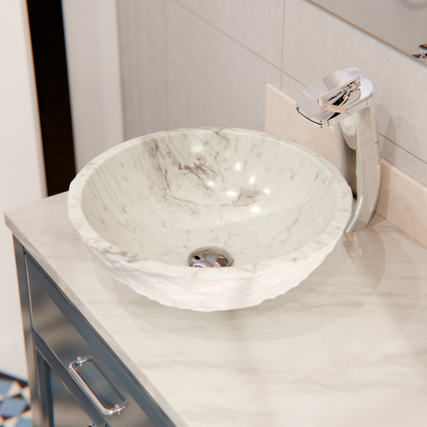 Natural Carrara White Marble Chiseled Stone Vessel Sink NOSV-CWN