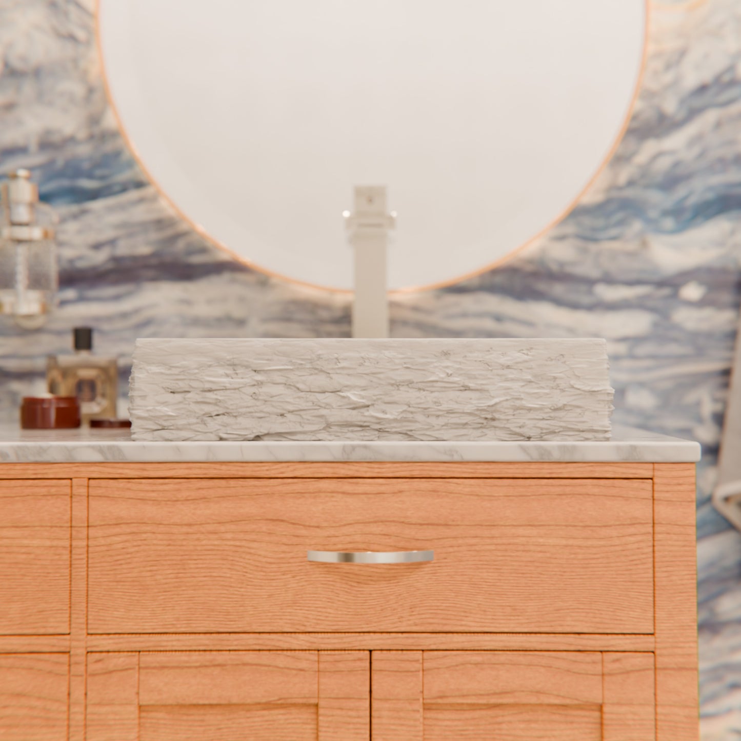 Natural Carrara White Marble Square Vessel Sink with Chiseled Exterior NOSV-CWSQ