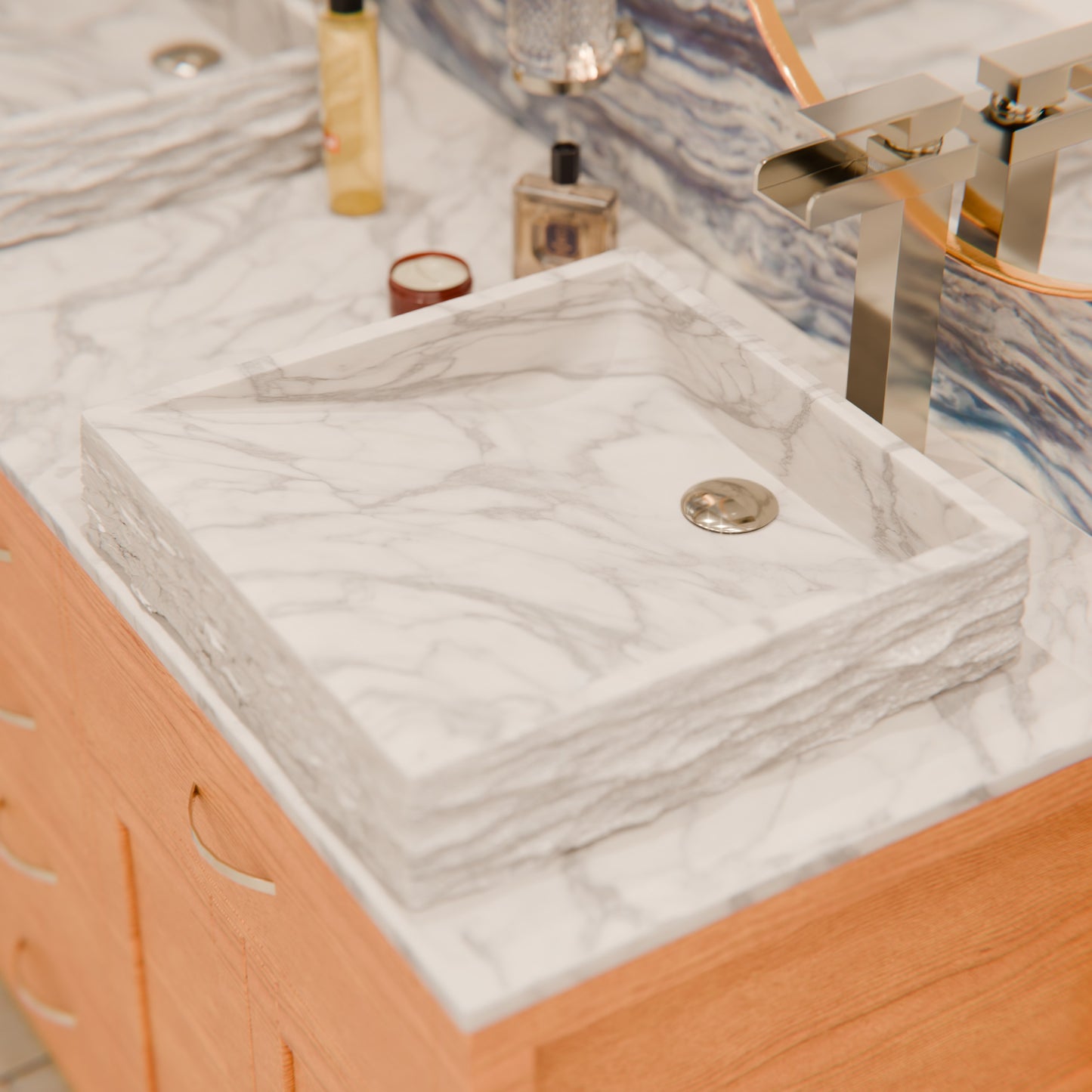 Natural Carrara White Marble Square Vessel Sink with Chiseled Exterior NOSV-CWSQ