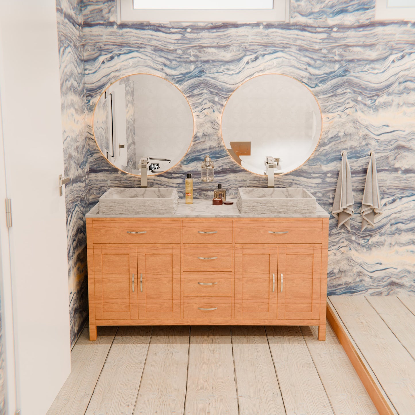 Natural Carrara White Marble Square Vessel Sink with Chiseled Exterior NOSV-CWSQ