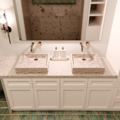 Natural Carrara White Marble Square Vessel Sink with Chiseled Exterior NOSV-CWSQ