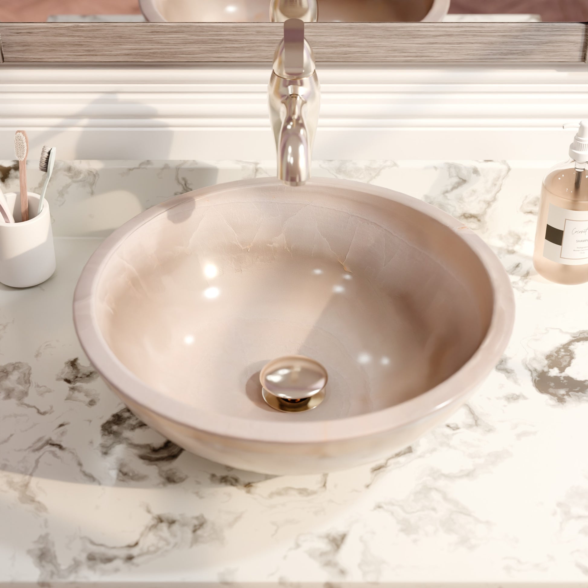 Transitional white onyx stone vessel bathroom sink by Novatto, showcasing smooth, elegant surface and natural stone texture.