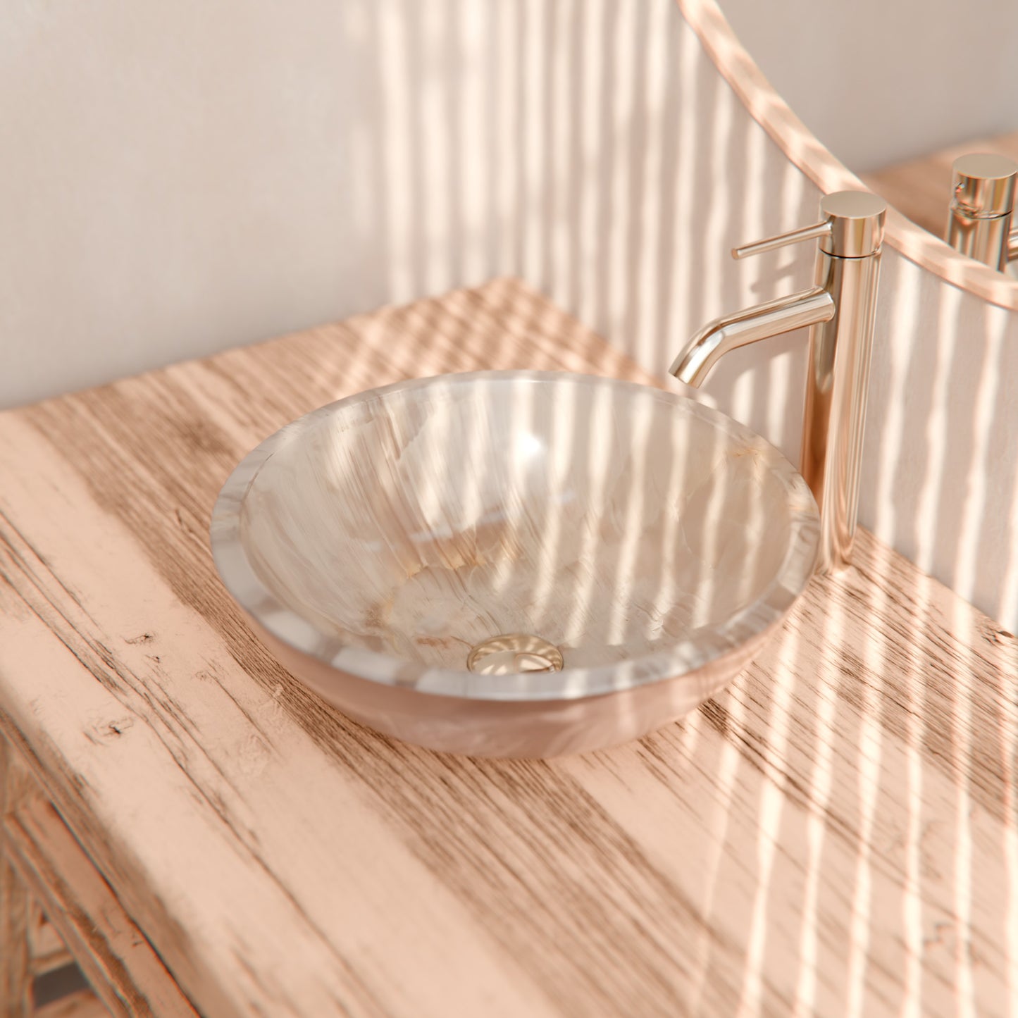 Natural white onyx stone vessel bathroom sink by Novatto, featuring a smooth, polished transitional design.