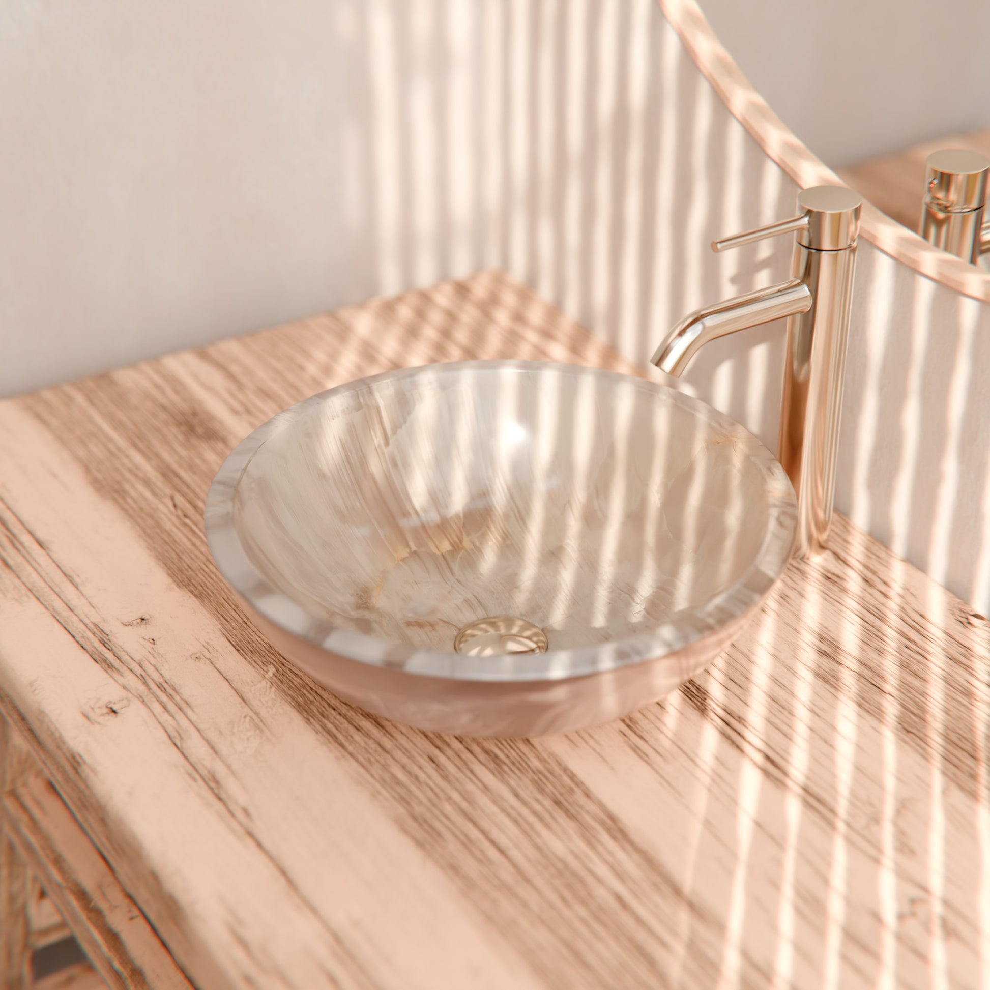 Natural white onyx stone vessel bathroom sink by Novatto, featuring a smooth, polished transitional design.