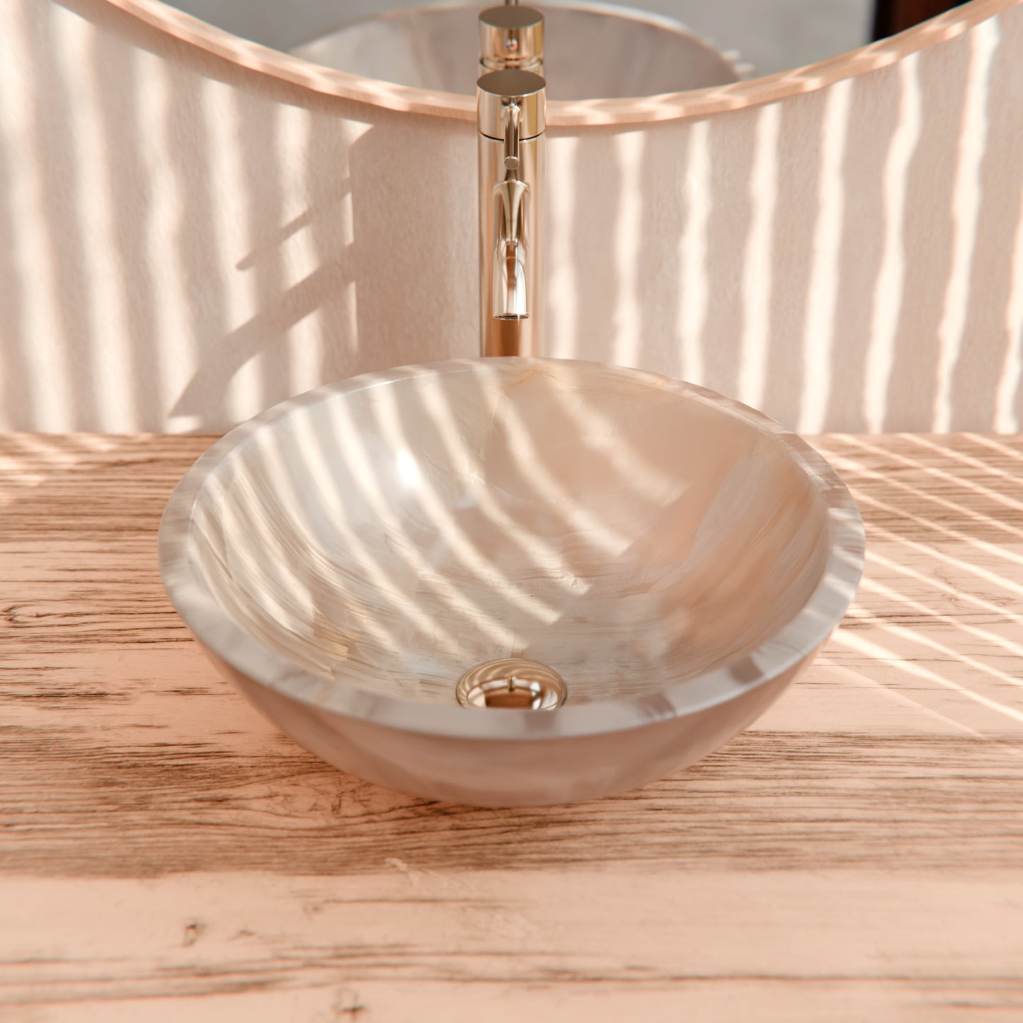 Natural white onyx stone vessel bathroom sink by Novatto, featuring a smooth, transitional design with wood accents.