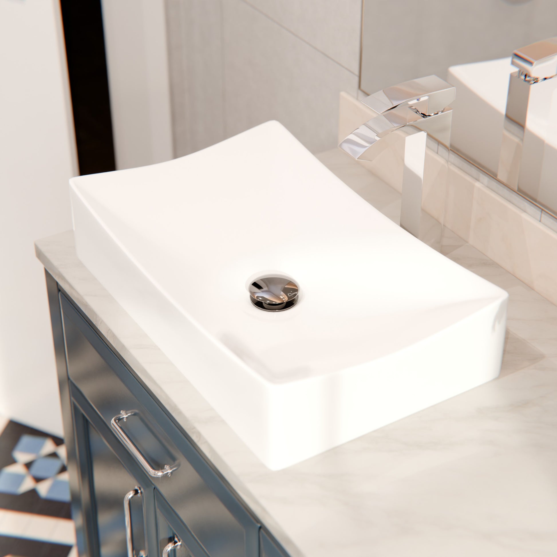 Rectangular white porcelain vessel bathroom sink by Novatto with smooth surface and modern design, shown with indigo-colored faucet.