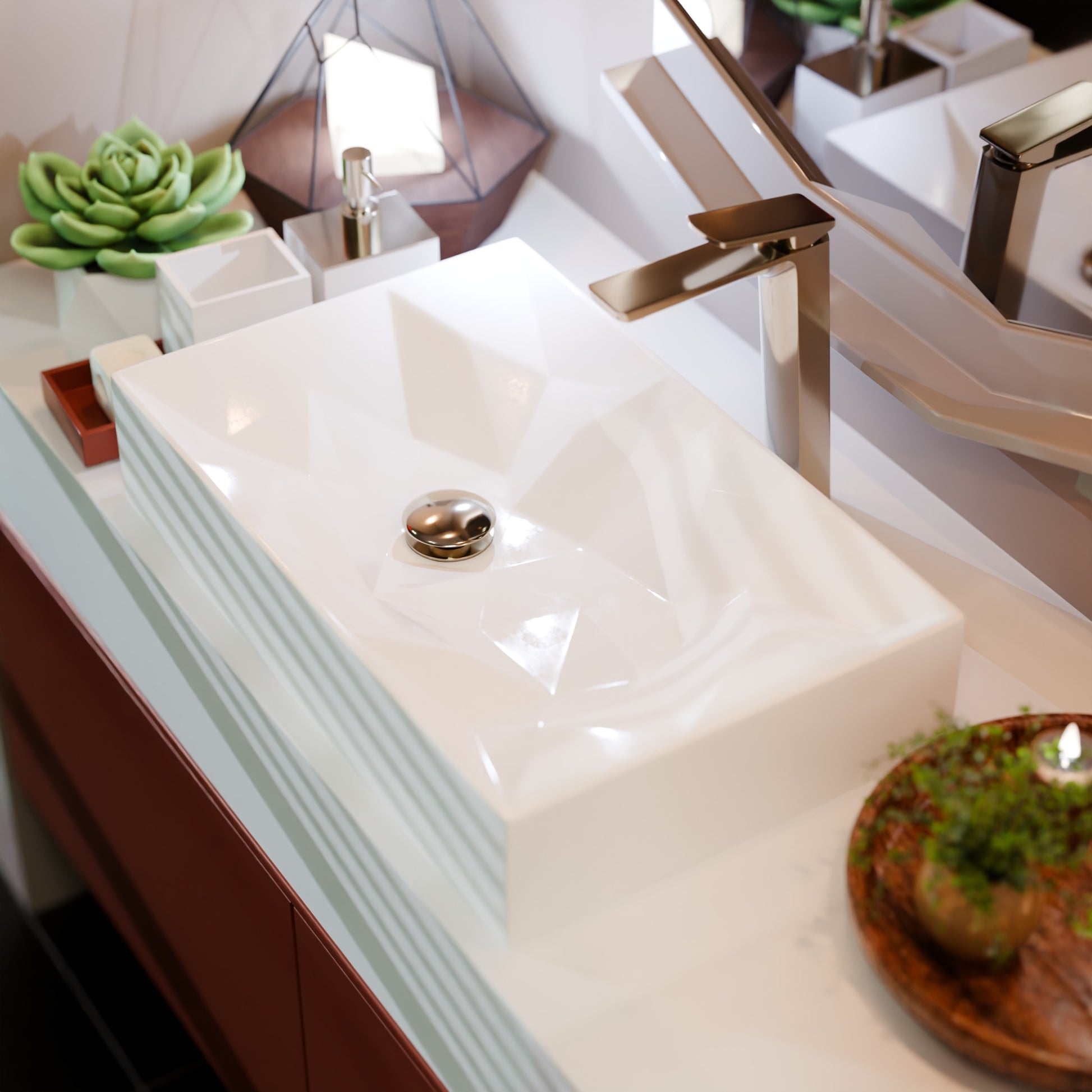 Modern rectangular white porcelain vessel sink by Novatto with geometric design, shown in a neutral setting.