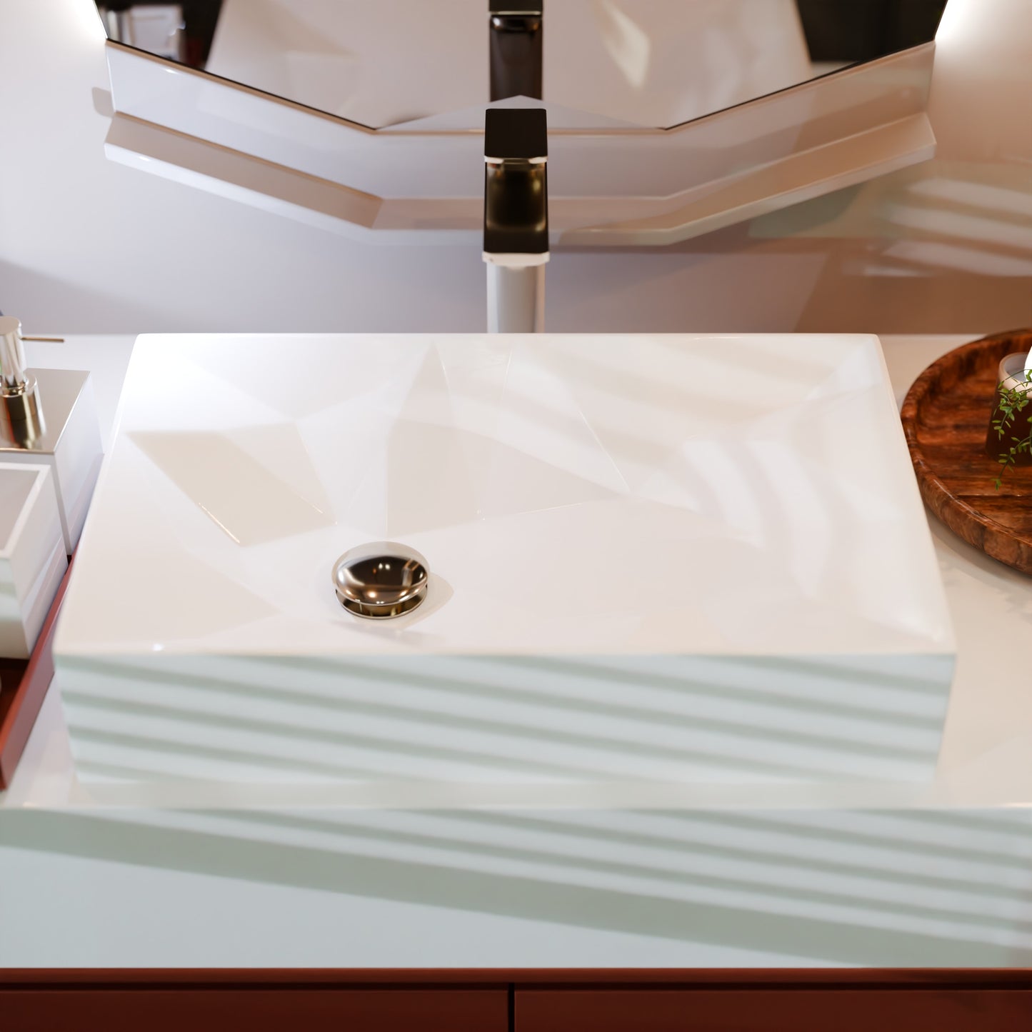 White porcelain rectangular vessel sink with geometric design by Novatto, shown in a modern bathroom setting.