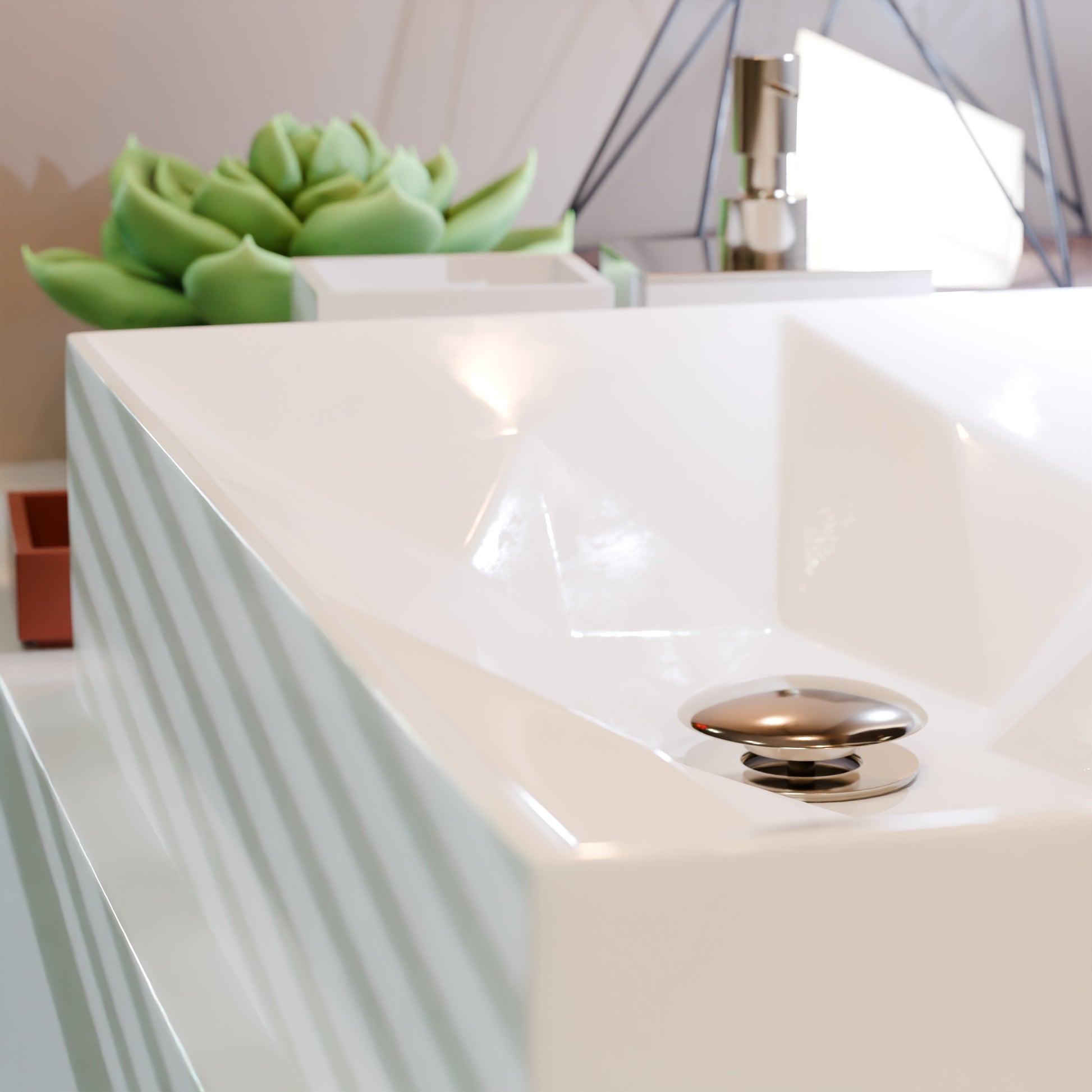 Modern white rectangular porcelain vessel sink with geometric design by Novatto, displayed on a neutral background.