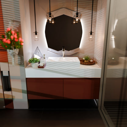 White rectangular porcelain vessel sink with modern geometric design by Novatto, shown from a top view.