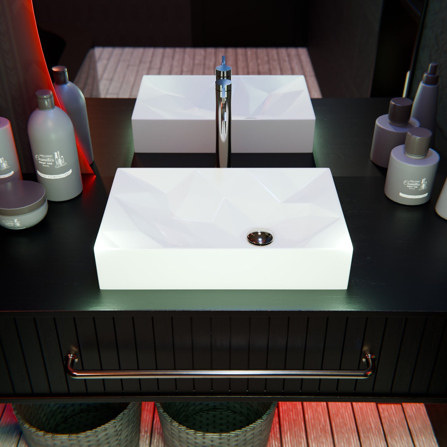 Modern white porcelain vessel sink with rectangular geometric design by Novatto, featuring a sleek, contemporary bathroom fixture.