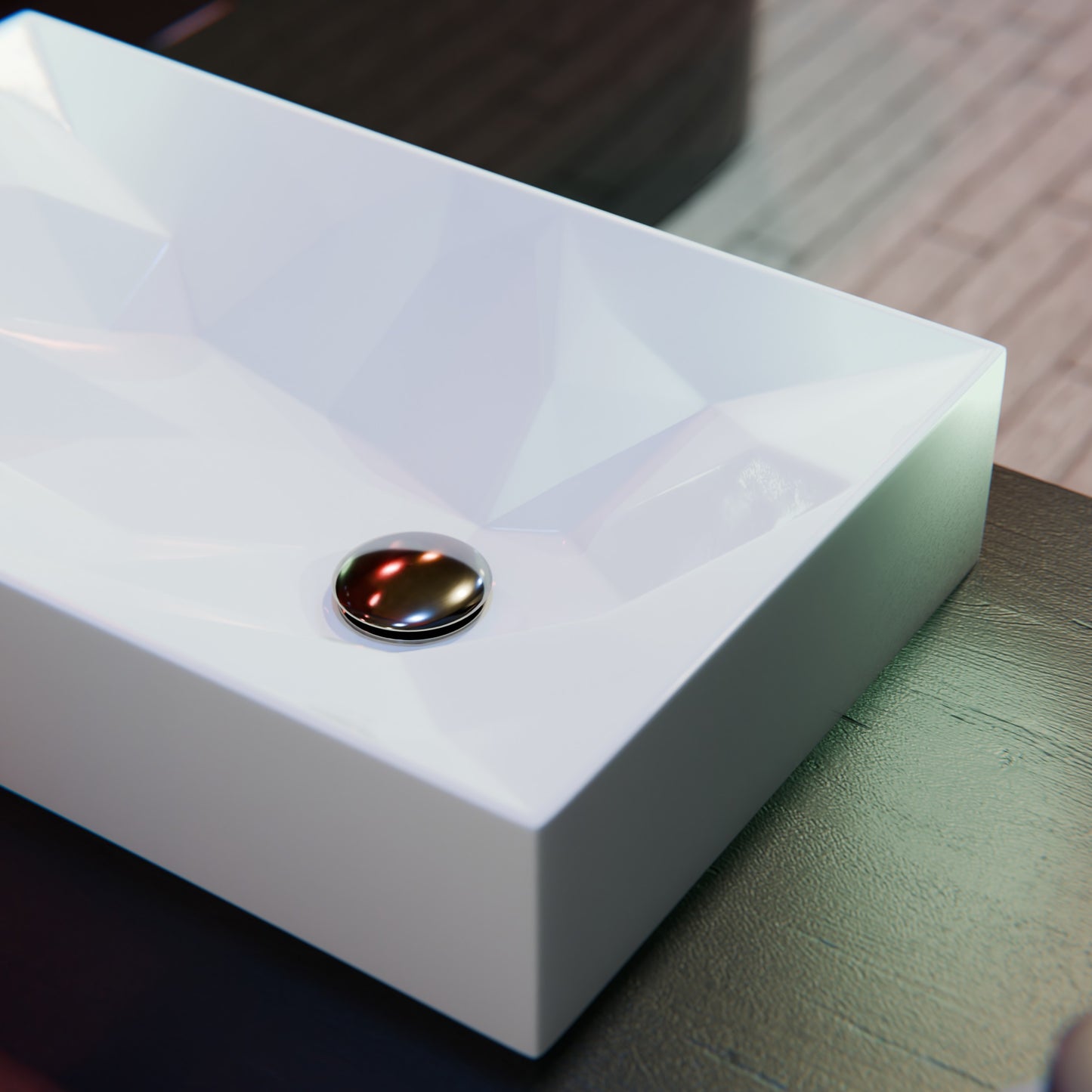 Modern rectangular white porcelain vessel sink by Novatto with geometric design, perfect for contemporary bathrooms.