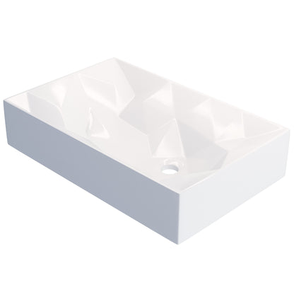 Modern white porcelain rectangular vessel sink with geometric design, ideal for contemporary bathrooms by Novatto.