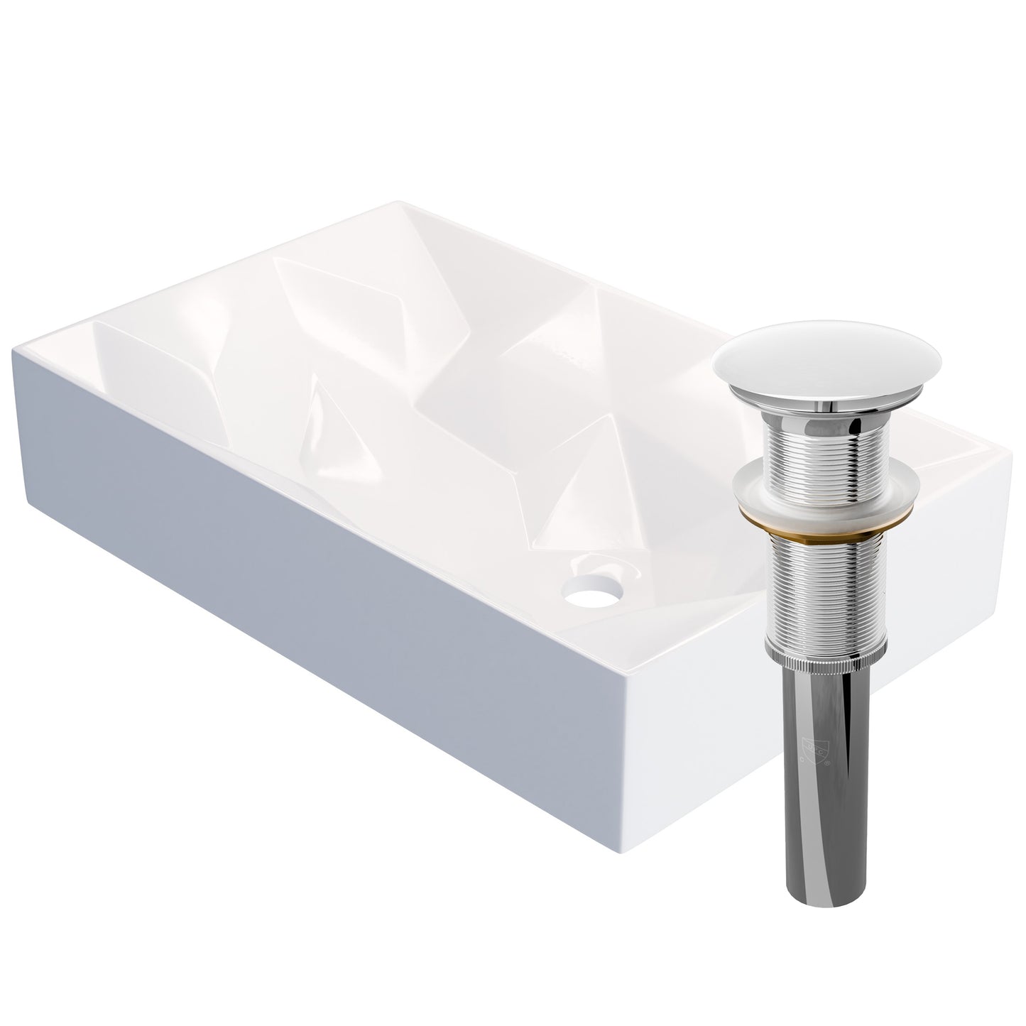 Modern rectangular white porcelain vessel sink by Novatto with geometric design, ideal for contemporary bathroom decor.