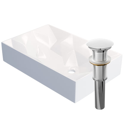 Modern rectangular white porcelain vessel sink by Novatto with geometric design, ideal for contemporary bathroom decor.