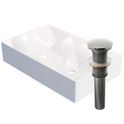 Modern rectangular white porcelain vessel sink by Novatto with geometric design, ideal for contemporary bathrooms.