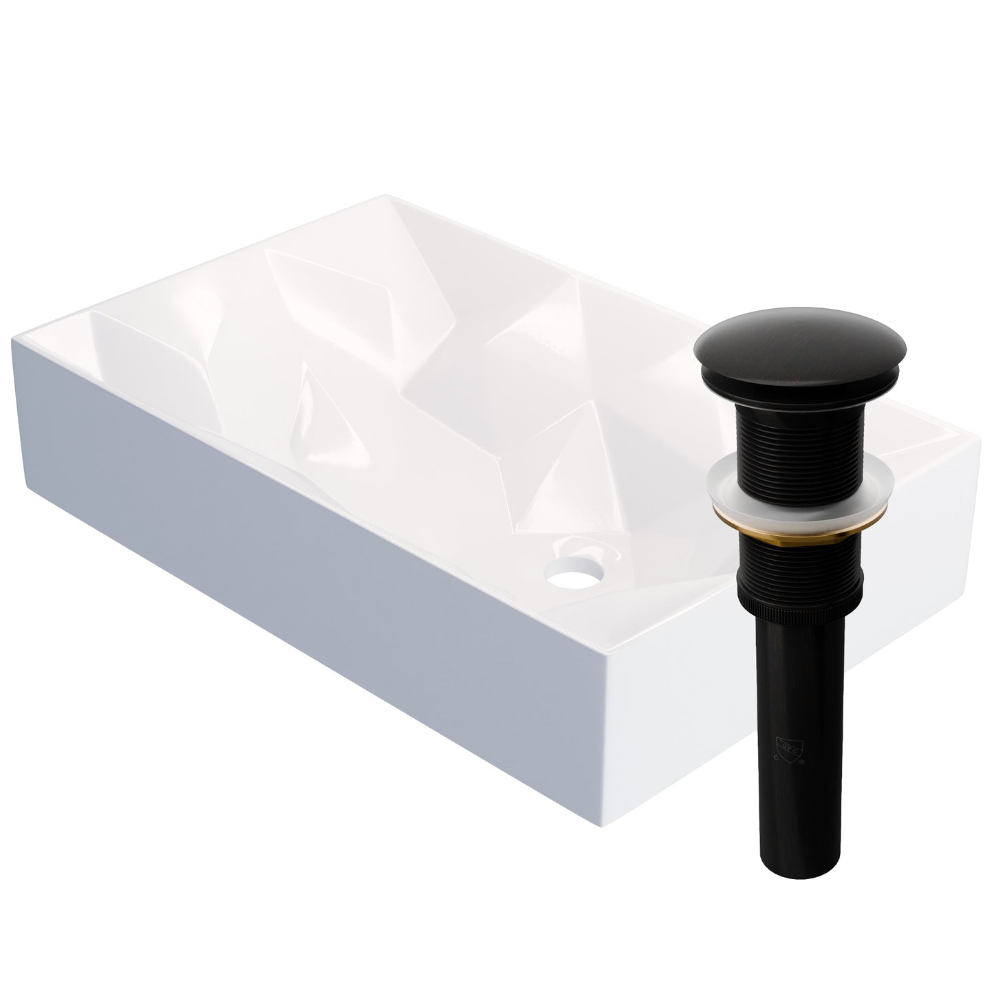 Modern rectangular white porcelain vessel sink with geometric design, ideal for contemporary bathrooms, by Novatto.