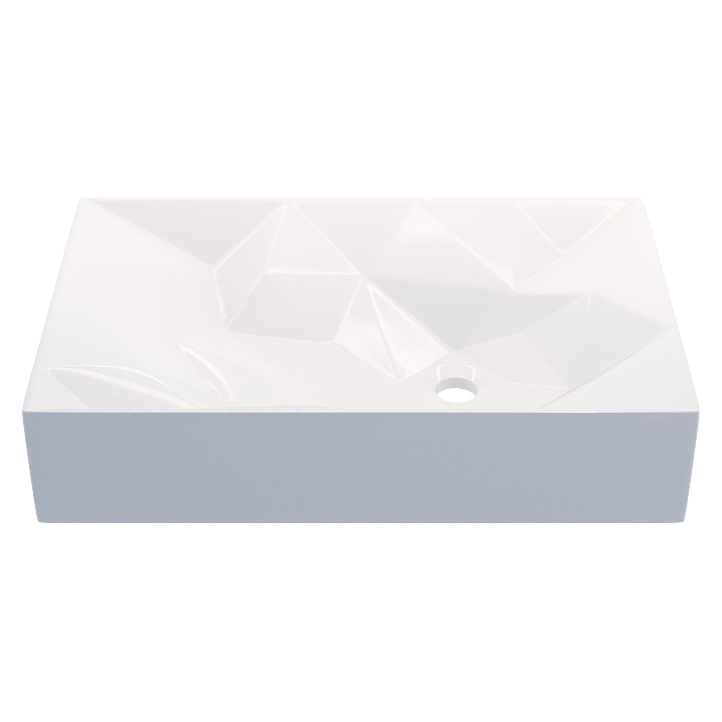 White modern rectangular porcelain vessel sink with geometric design by Novatto, shown from a top angle.