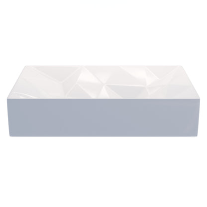 White porcelain vessel sink with modern rectangular geometric design by Novatto, showcasing smooth surface and sleek style.