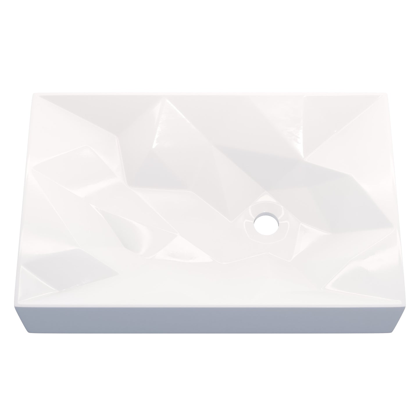 Modern rectangular white porcelain vessel sink by Novatto, geometric design, shown with smooth surface and sleek edges.