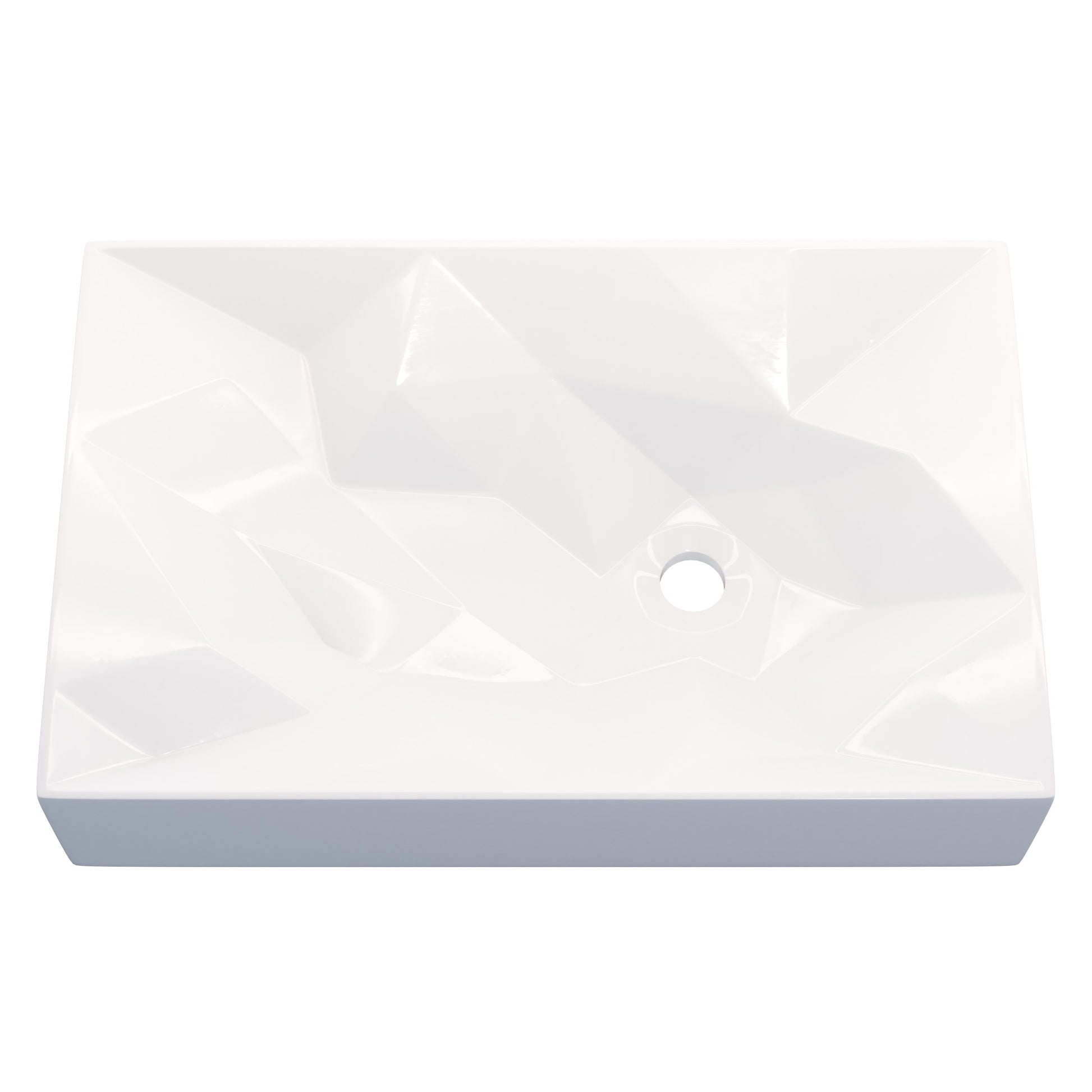 Modern rectangular white porcelain vessel sink by Novatto, geometric design, shown with smooth surface and sleek edges.